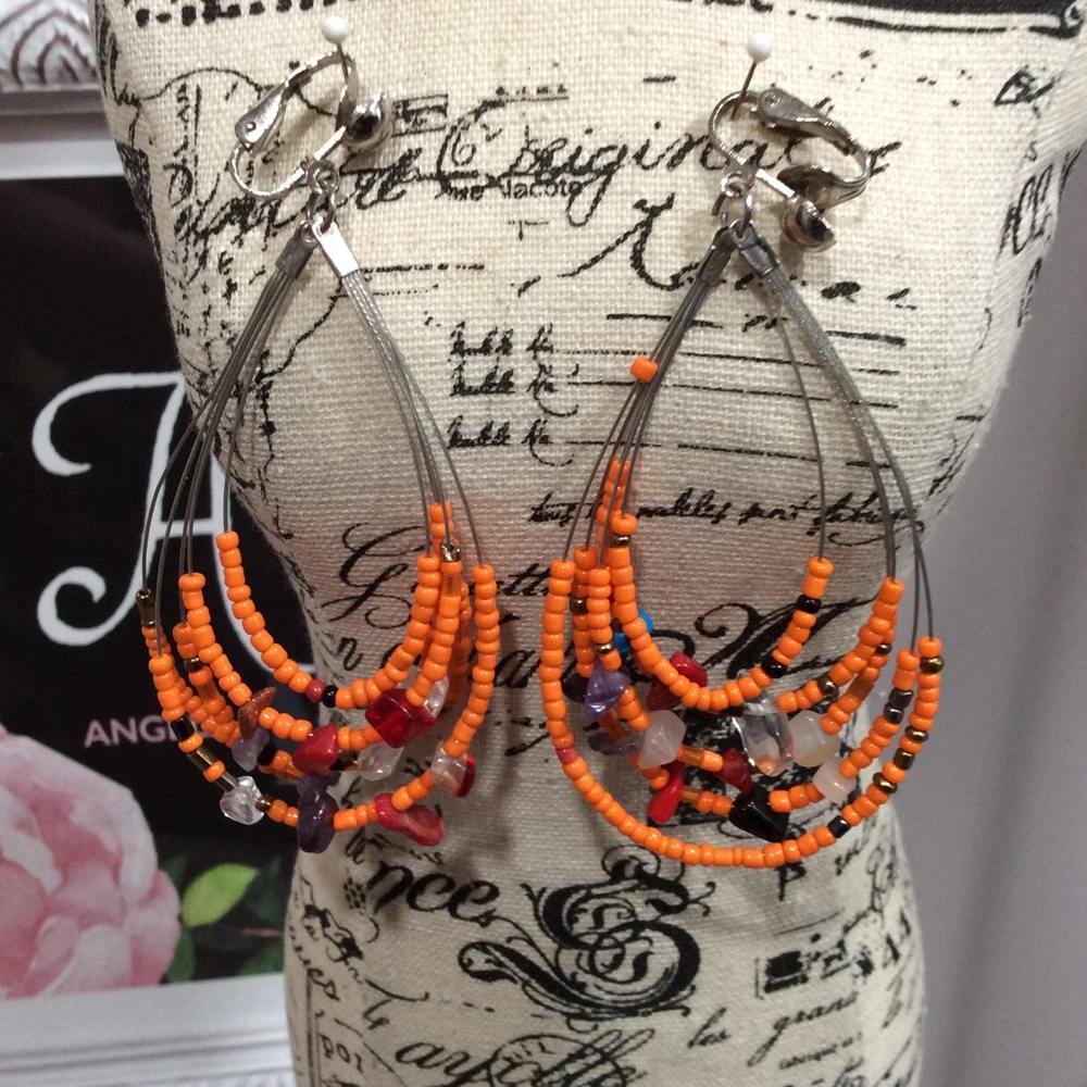 Orange Beaded Clip Dangle Earrings